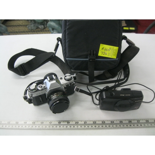 CANON AE1 CAMERA & SURESHOT CANON 35MM CAMERA W/BAG & ACCESS.