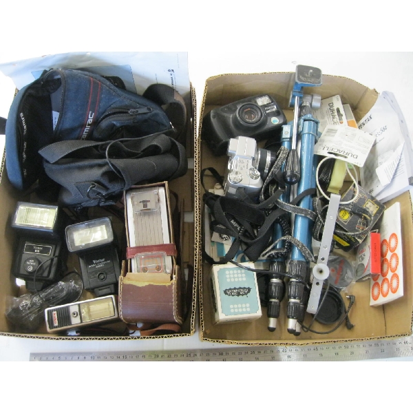 2 BOXES OF ASST. CAMERA SUPPLIES, TRIPOD, FLASHES, ETC.