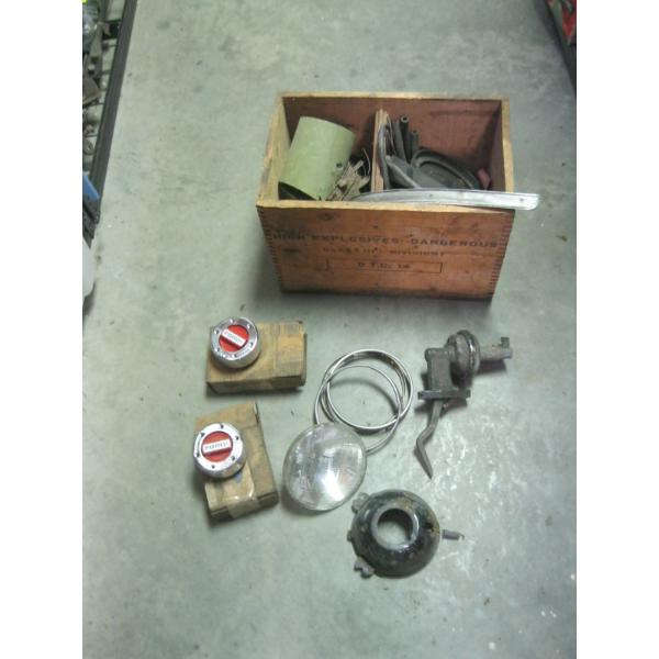 WOODEN CIL SHELL BOX W/MISC. AUTOMOTIVE PARTS