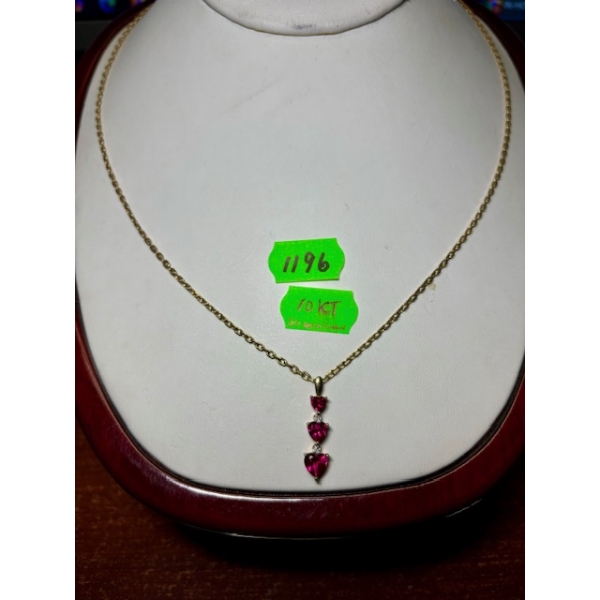 LADIES 10KT NECKLACE W/3 RED HEARTS - 20" LENGTH