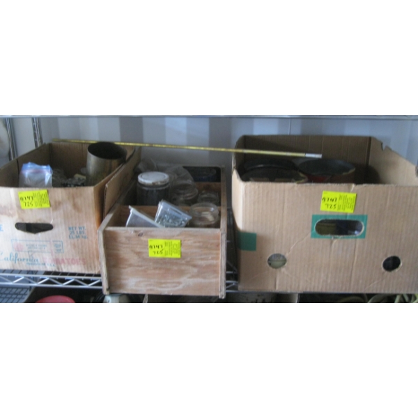 3 BOXES OF NUTS, BOLTS, HINGES, ETC.