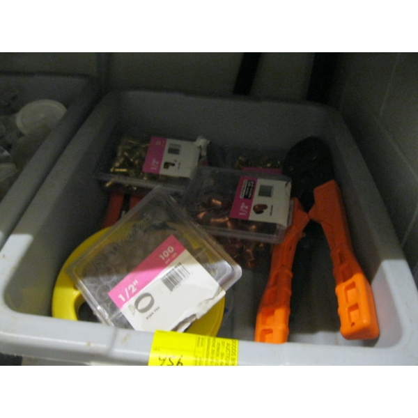 2 BINS OF ASST. PLUMBING SUPPLIES, CRIMPER, RINGS, ETC.