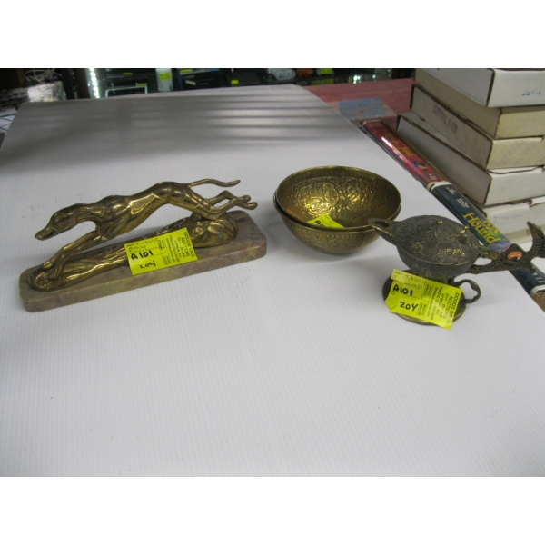 ITALIAN BRASS CREAMER & VINTAGE BRASS GREYHOUND & PAIR OF ISLAMIC BRASS BOWLS