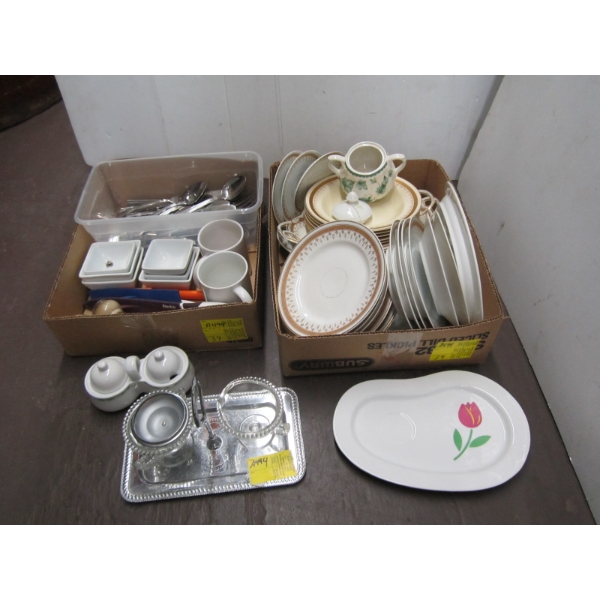 2 BOXES OF MISC. DISHWARE, CUTLERY, ETC.