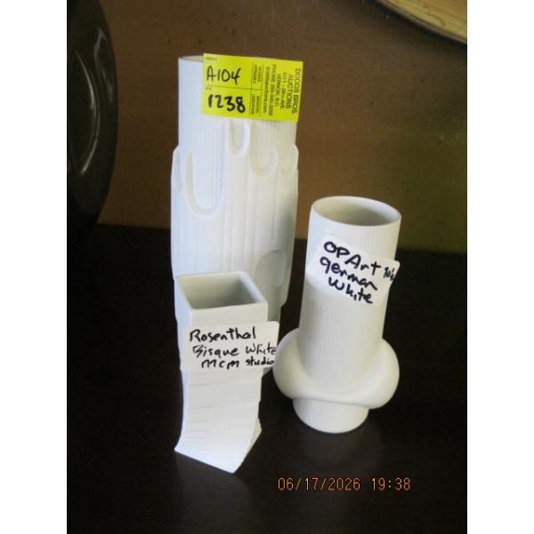 3 WHITE GERMAN VASES - ROSENTHAL OP ART & SCHERZER