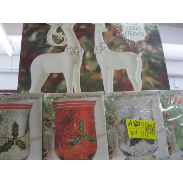 2 DEER ORNAMENTS & CHRISTMAS CANDLEHOLDERS