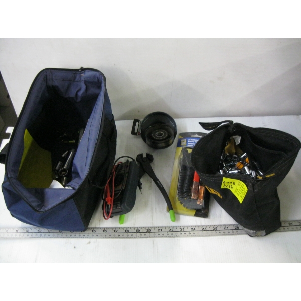 2 BAGS W/MISC. SOCKETS, 12V ADAPTER, MULTI METER, ETC.