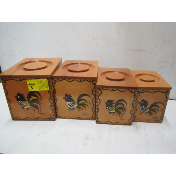WOODEN CANNISTER SET W/PAINTED ROOSTERS