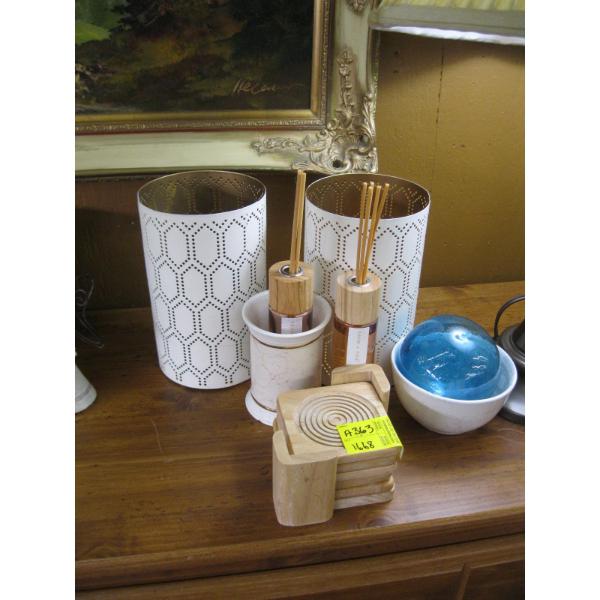 MISC: WOODEN COASTERS, CANDLE HOLDERS, ETC.