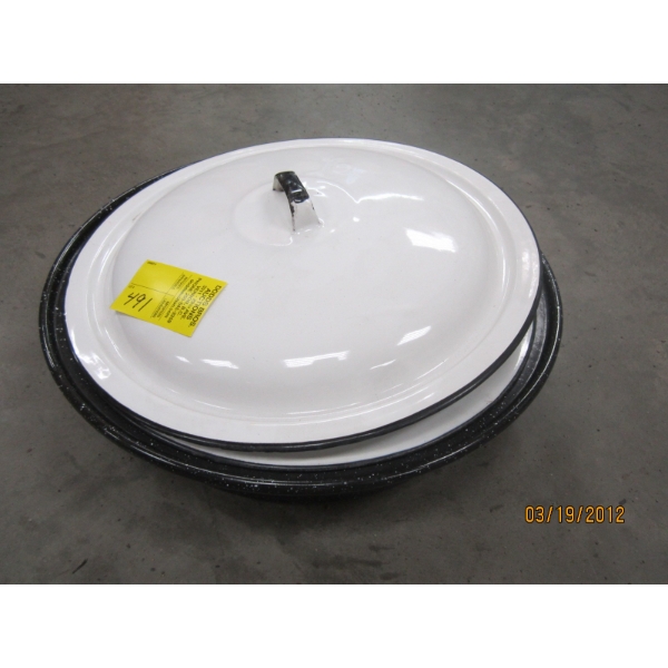 3 ENAMEL LIDS & AN ENAMEL POT INSERT