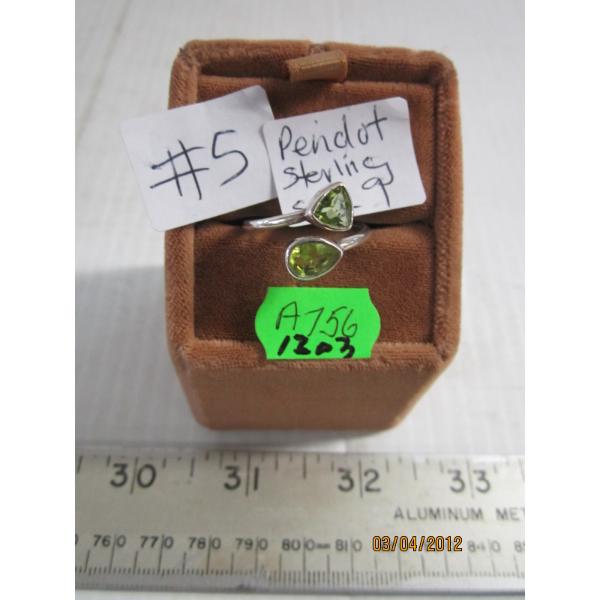 PERIDOT STONE RING STERLING SILVER, SZ 9