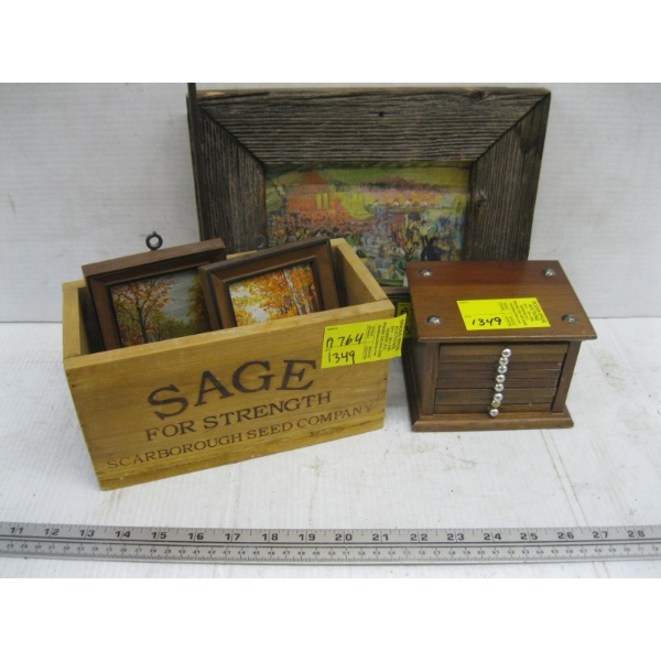SM. ORIGINAL PAINTINGS, WOODEN BOX, SET OF COASTERS, ETC.