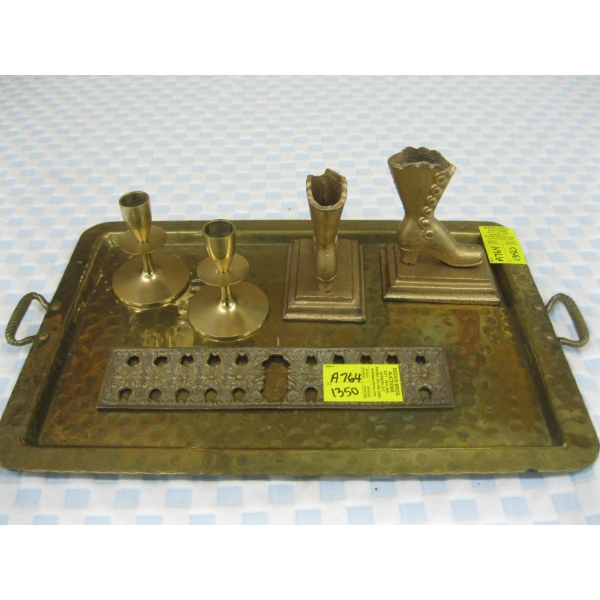 BRASS SERVING TRAY, BOOT BOOKENDS, ETC.