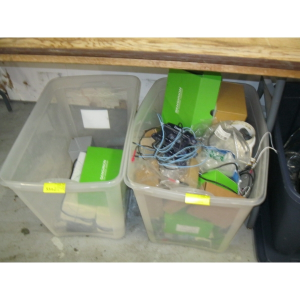 2 BINS OF MISC. ELECTRONIC SWITCHES, SENSOR SWITCHES, ETC.