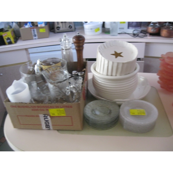 BOX OF MISC. S&P SHAKERS, CRYSTAL DECANTER, PLATES, SERVING DISHES, ETC.
