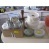 Image 1 : BOX OF MISC. S&P SHAKERS, CRYSTAL DECANTER, PLATES, SERVING DISHES, ETC.