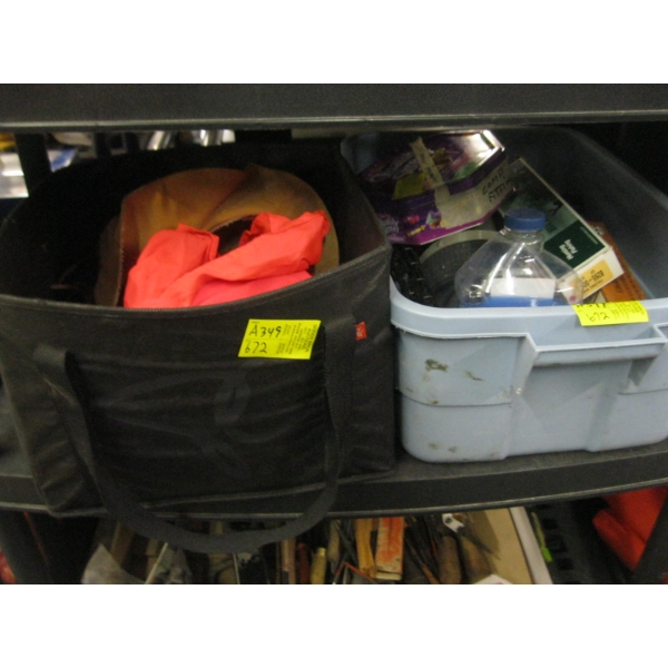 BAG & BIN OF MISC. HUNTING & FISHING ITEMS, ETC.