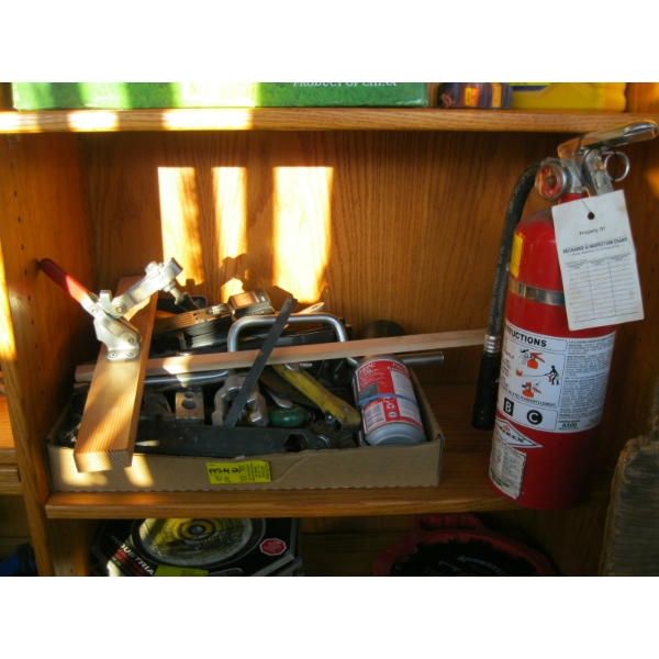 BOX OF MISC. & A FIRE EXTINGUISHER
