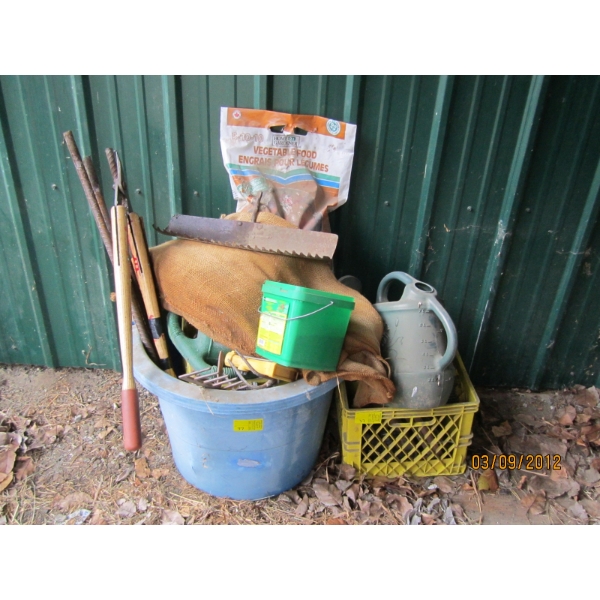 LG. PLASTIC  BUCKET W/MISC. GARDENING ITEMS, REBAR, WATERING CANS, ETC.