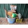 Image 1 : LG. PLASTIC  BUCKET W/MISC. GARDENING ITEMS, REBAR, WATERING CANS, ETC.