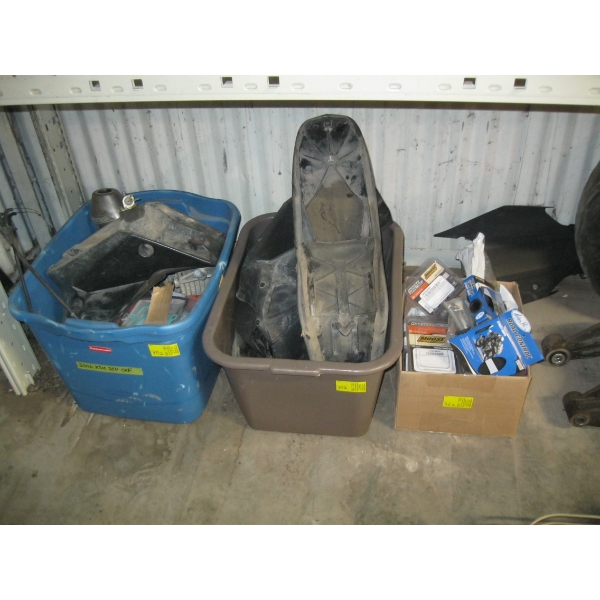 3 BINS OF MISC. MOTORCYCLE PARTS - 2006 KTM 250 - SEATS, HANDLE, BAR GRIPS, ETC