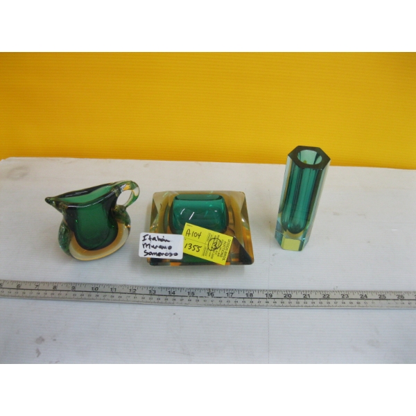 3 PIECES OF MURANO GLASS - 2 VASES & A DISH