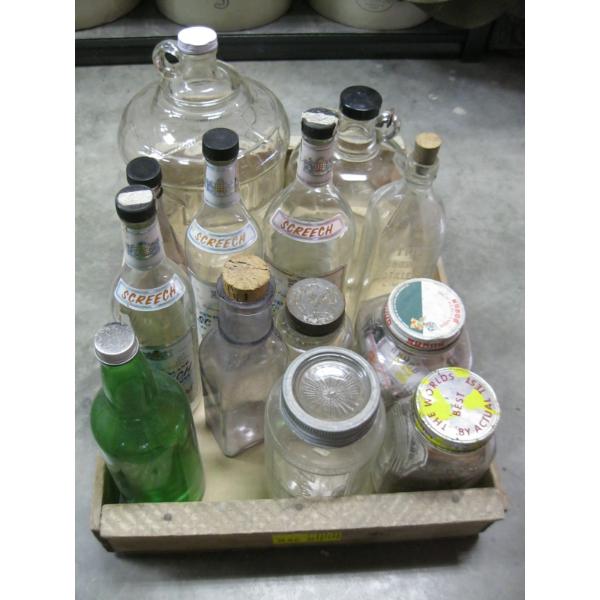 WOODEN TRAY OF ASST. BOTTLES, CANNING JARS, ETC.
