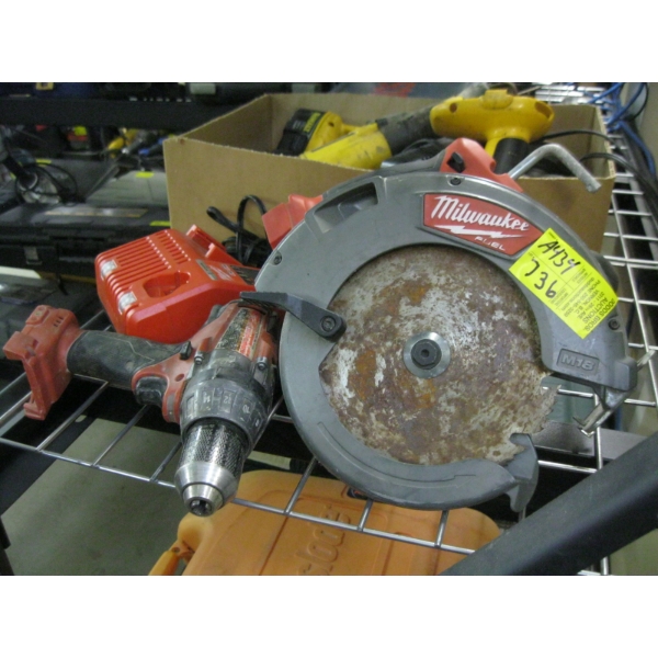 MILWAUKEE SKILL SAW- MISSING PLATE, DRILL, CHARGER - NO BATTERIES