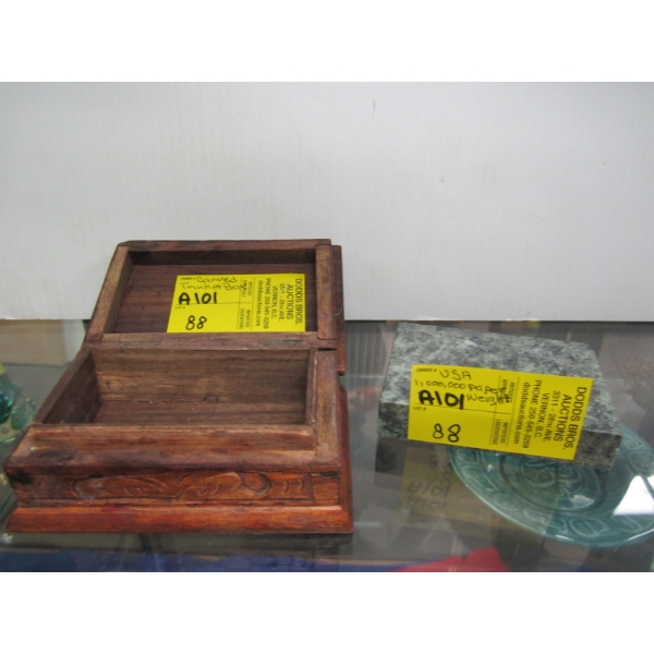 CARVED WOODEN TRINKET BOX & A $1MILLION US PAPERWEIGHT