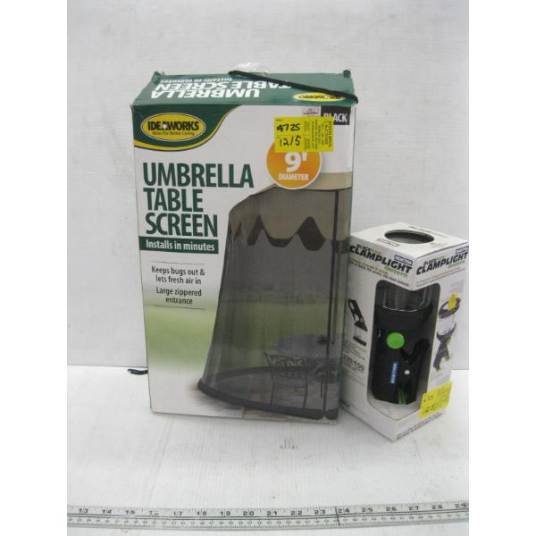 UMBRELLA TABLE SCREEN & A BLACK FIRE CAMP LANTERN