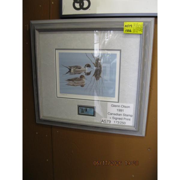 FRAMED NUMBERED GLENN OLSON PRINT W/CDN STAMP, SIGNED, 173/250