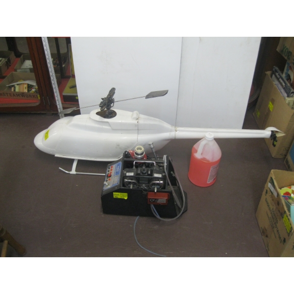 GAS POWERED REMOTE CONTROL HELICOPTER W/CONTROLLER, STARTER, FUEL, ETC.