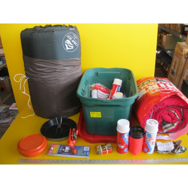ASST. SLEEPING BAGS & BIN OF CAMPING ITEMS