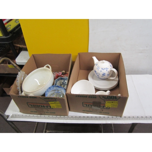 2 BOXES OF MISC. DISHES, TEAPOTS, ETC.