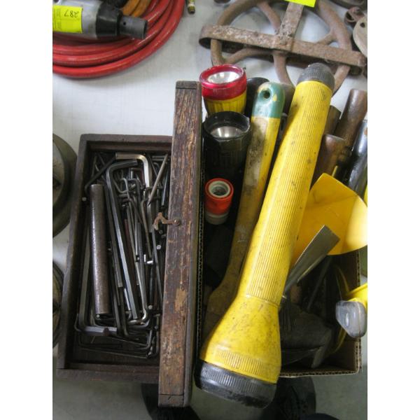 WOODEN CASE W/ALLAN KEYS & BOX OF MISC. FLASHLIGHTS, STRIKERS, MALLET, ETC.