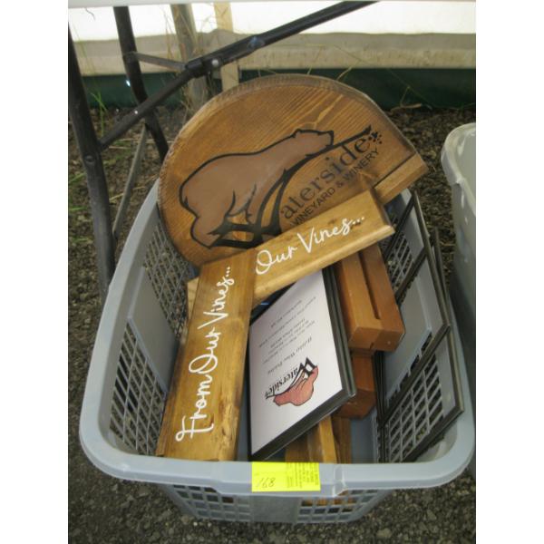 BASKET OF ASST. WOODEN SIGNS, SIGN HOLDERS, ETC.
