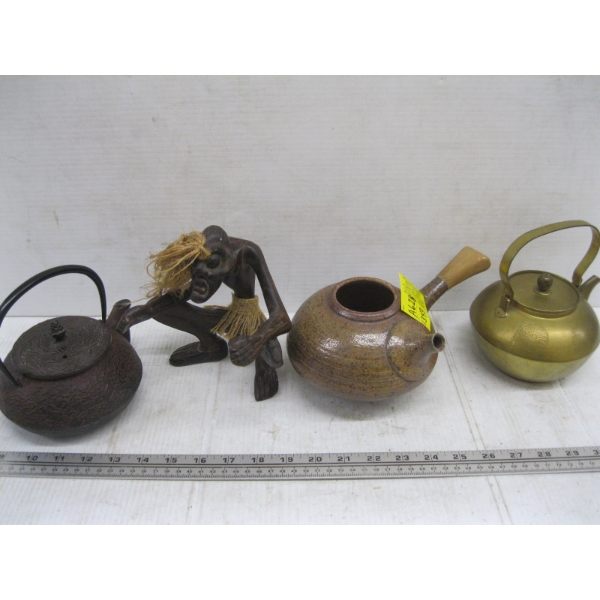 3 TEAPOTS & WOODEN FIGURINE