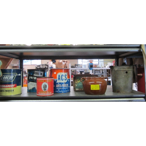 SHELF OF MISC. TINS, BEAN POT, ETC.