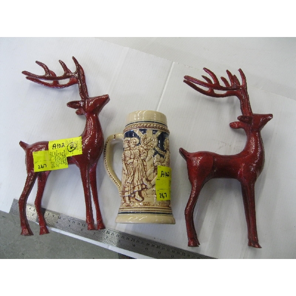 2 DECORATIVE METAL DEER & A GERMAN BEER STEIN
