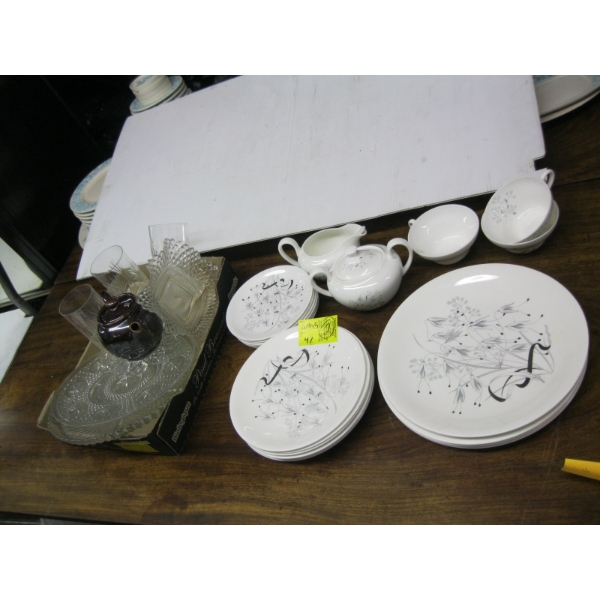 WEDGEWOOD DISHWARE & BOX OF MISC. GLASSWARE, CRYSTAL, ETC.