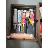 Image 2 : 2 BOXES OF CAULKING, SAWS, MISC. TOOLS, ETC.