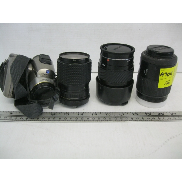 3 CAMERA LENSES & A MINOLTA CAMERA