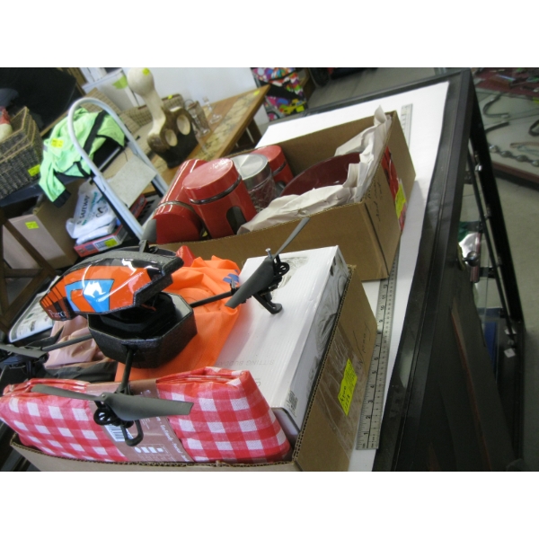2 BOXES OF MISC. DRONE, CANDLEHOLDERS, CANNISTERS, ETC.