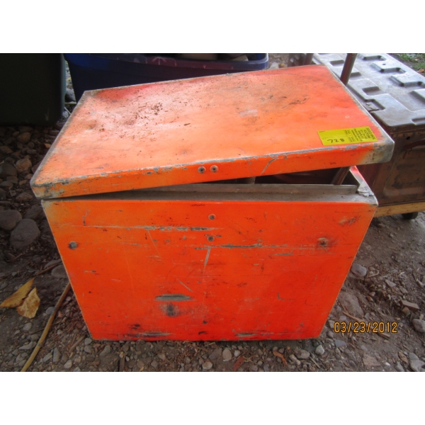 ORANGE ALUMINUM BOX W/ASST. ITEMS - BELTS, HARNESSES, ETC.