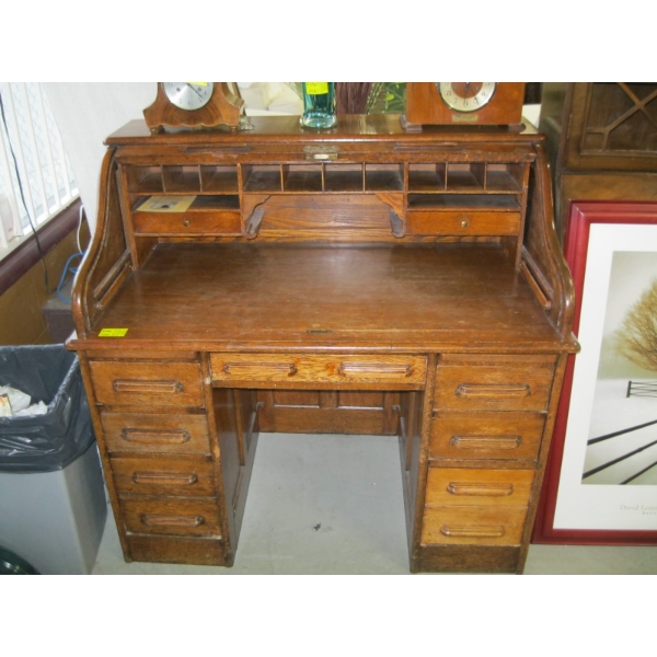 48" DOUBLE PEDESTAL OAK VINTAGE ROLLTOP DESK