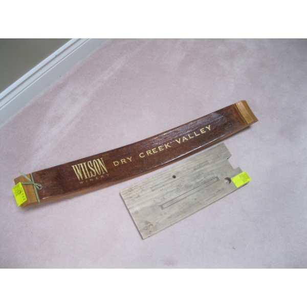 WILSON WINERY WOODEN SIGN & A VINTAGE WOODEN STAMPED BOARD