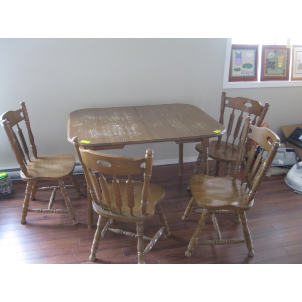 WOODEN DINETTE TABLE W/4 CHAIRS - 1 CHAIR DAMAGED