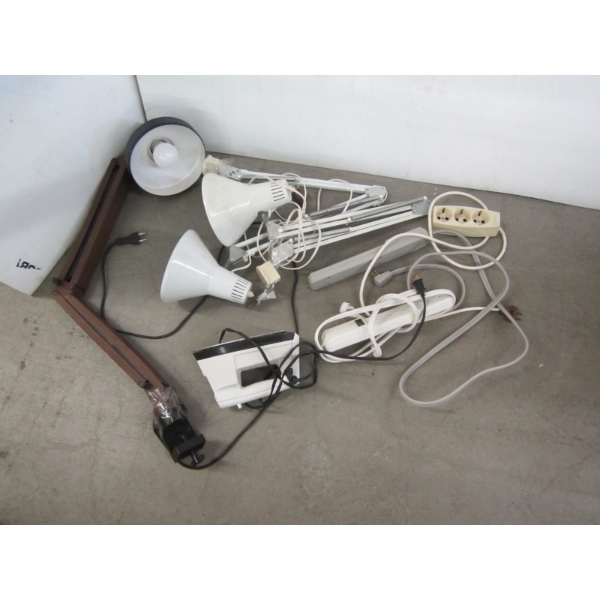 BOX W/ASST. POWER BARS, IRON, EUROPEAN CLAMP ON LIGHT FIXTURES, ETC.