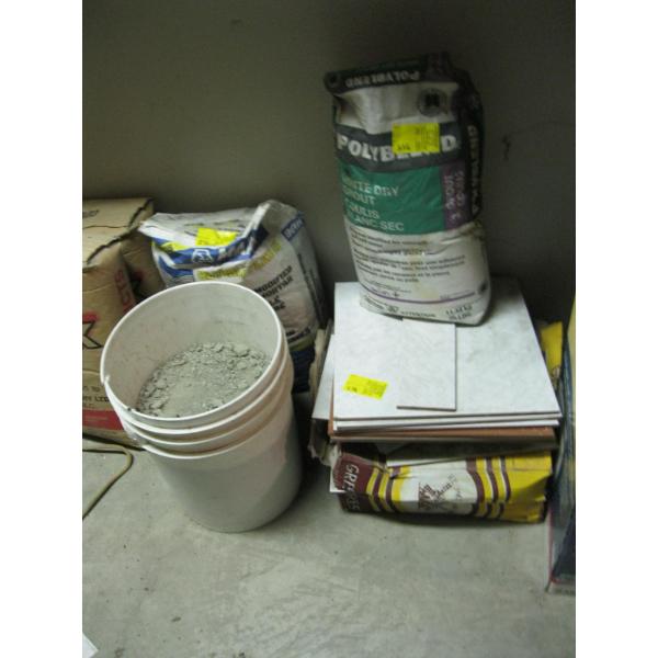 BUCKET OF ??, A BAG OF MORTAR, BAG OF GROUT & MISC. TILES