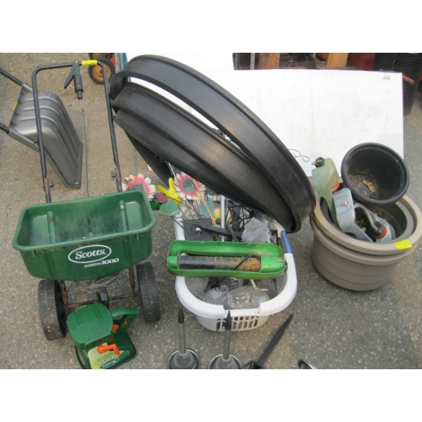 LG. LOT OF MISC. PATIO LIGHTS, SPRINKLERS, FERTILIZER SPREADER, ETC.